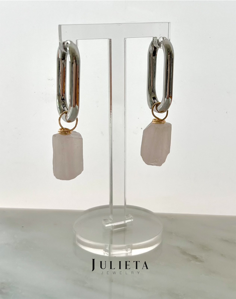 Aretes gancho grande plata con cuarzo rosa palo