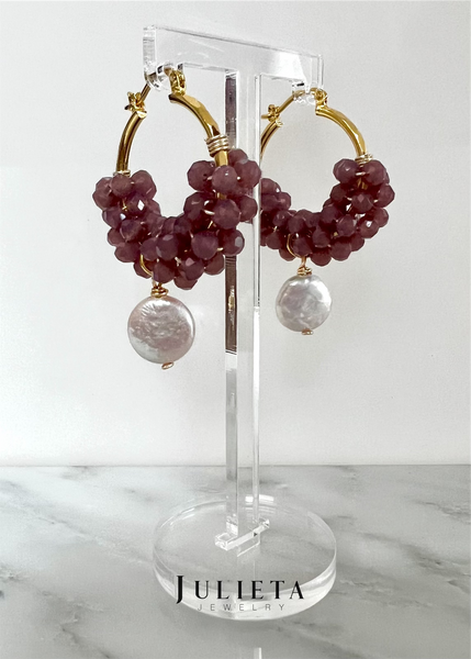 Arracada grande con cristales uva y perla cultivada