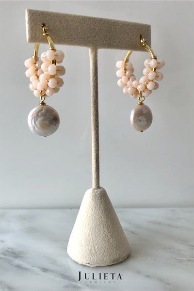 Arracadas grande de cristal color crema con perla cultivada